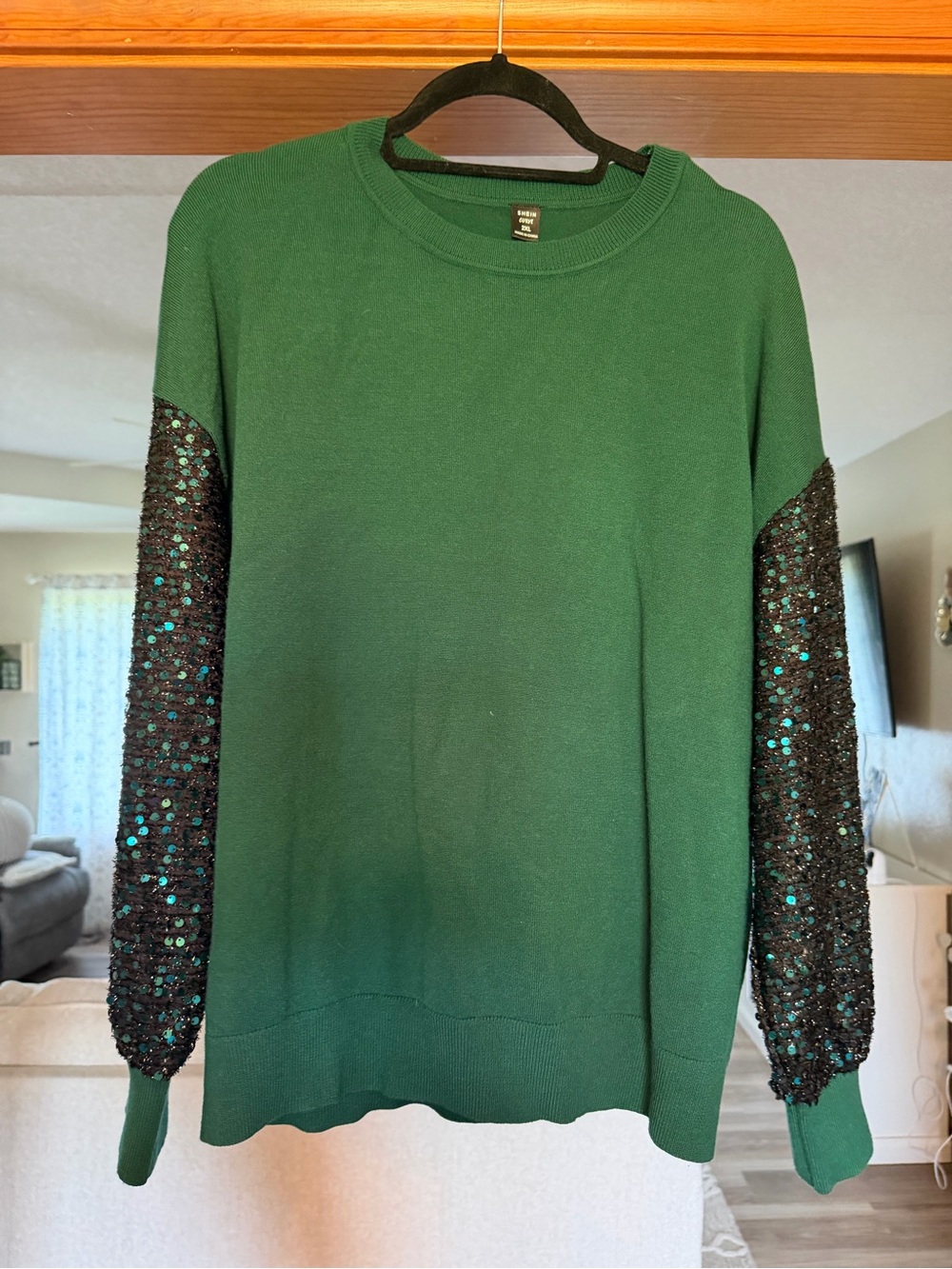 SHEIN Green Crew Neck Sweater with Black Sequin Sleeves